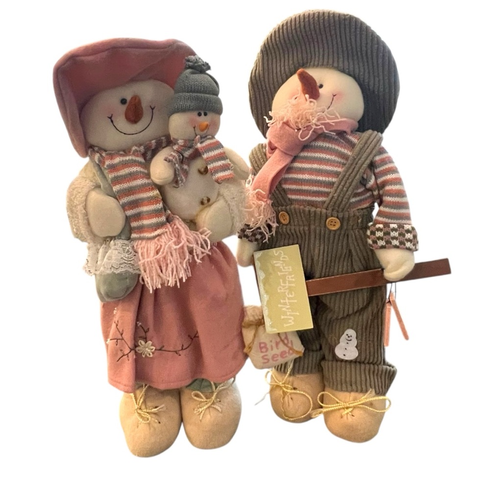 Set Of 2 19" Snowman Family Fabric Dolls Christmas Holiday Decor Farmhouse